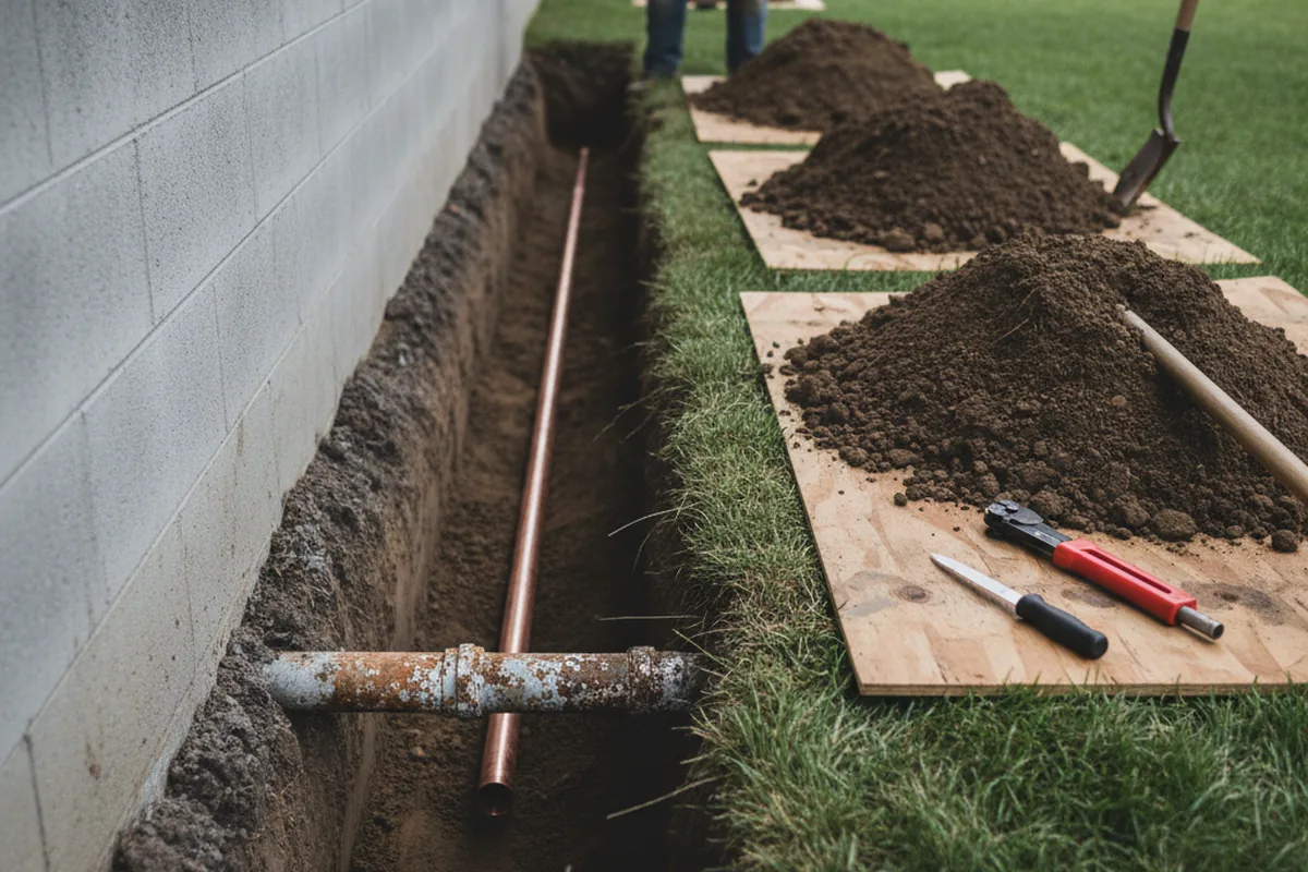 Excavated water line trench during Water Softener Installation in Manchester